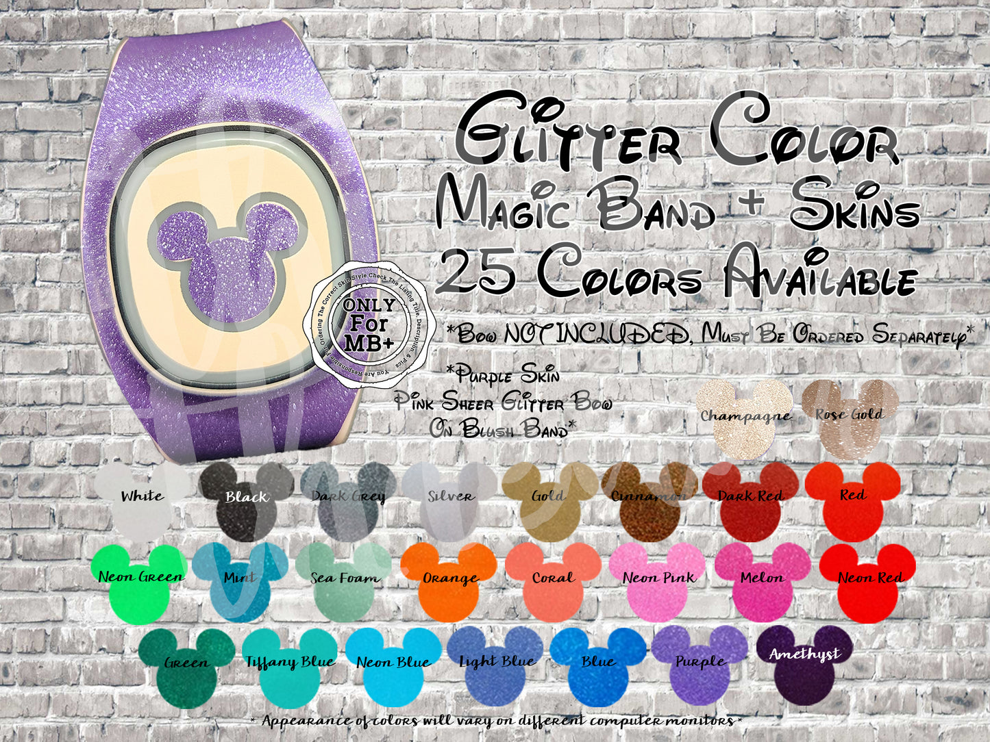 Glitter Magic Band + Decal Skin Bow ONLY