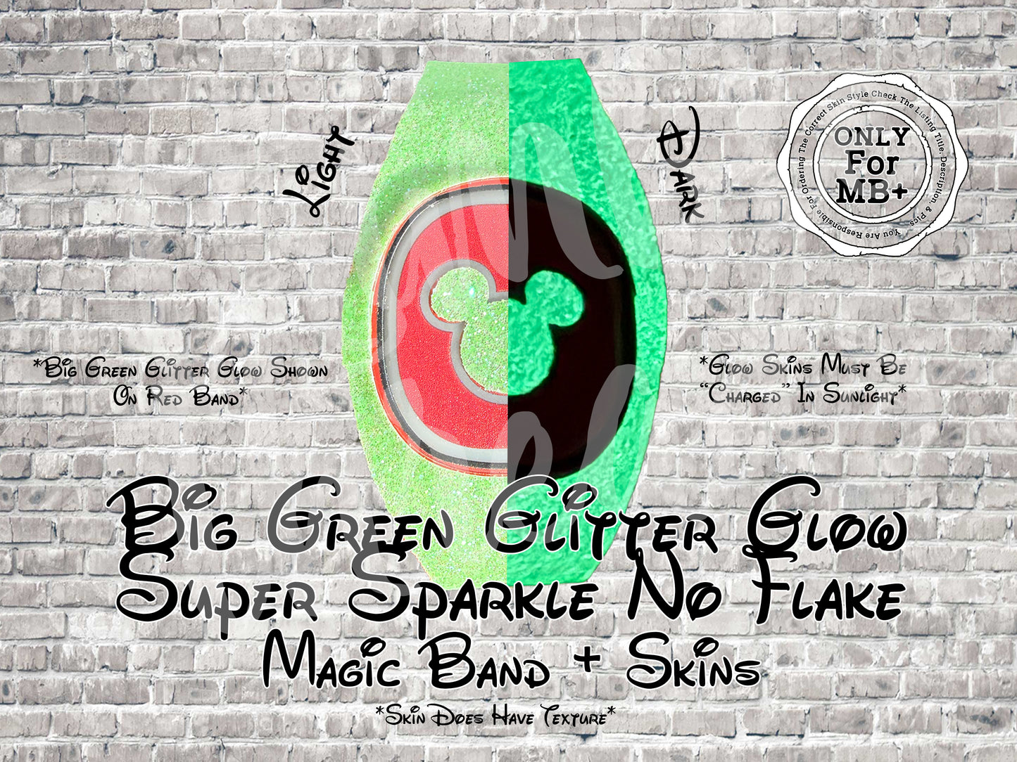 Big Green Glitter Glow Super Sparkle No Flake Glitter Magic Band + Decal Skin 3 Piece Wrap