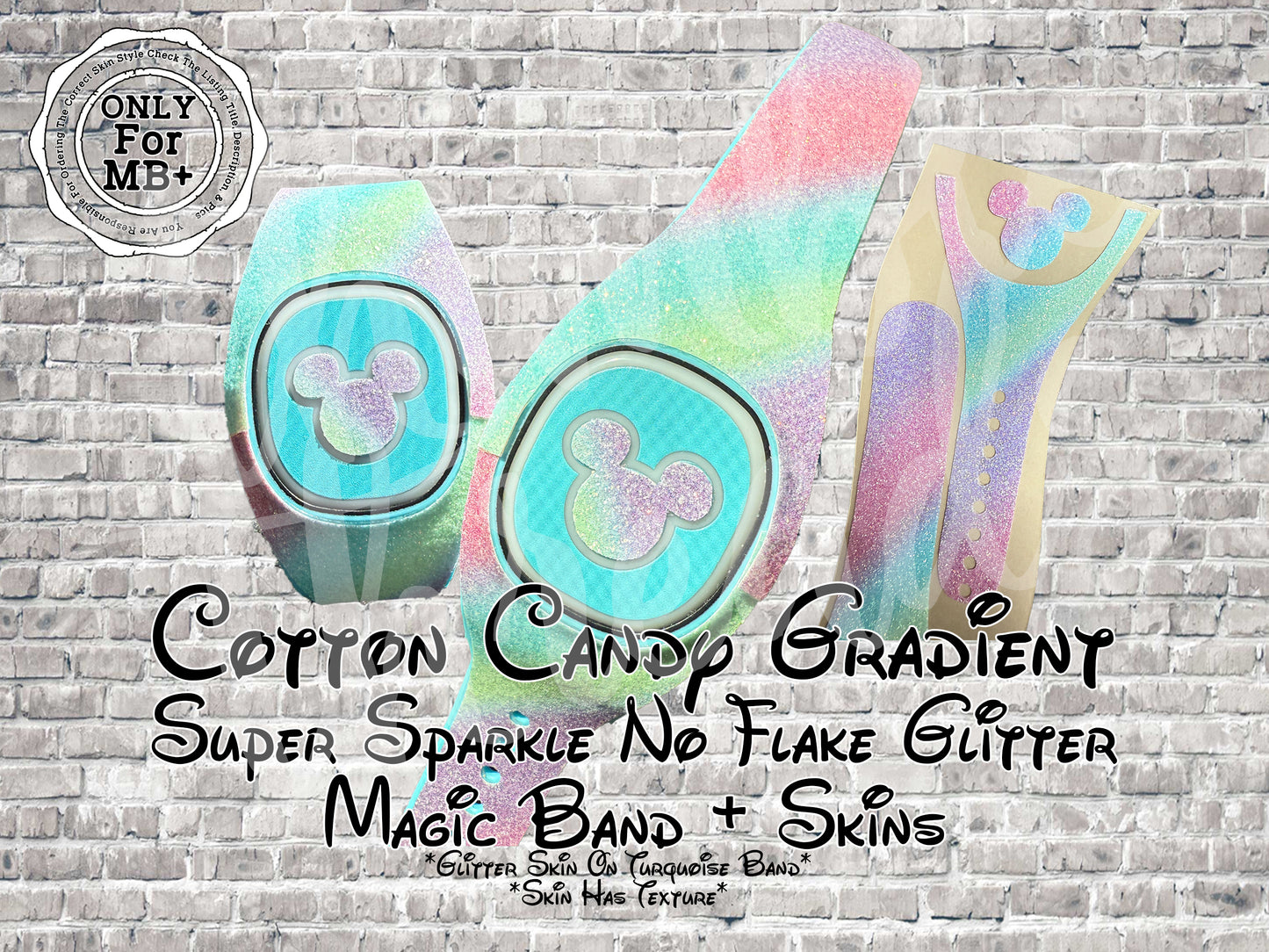 Cotton Candy Gradient Super Sparkle No Flake Glitter Magic Band + Decal Skin Bow ONLY