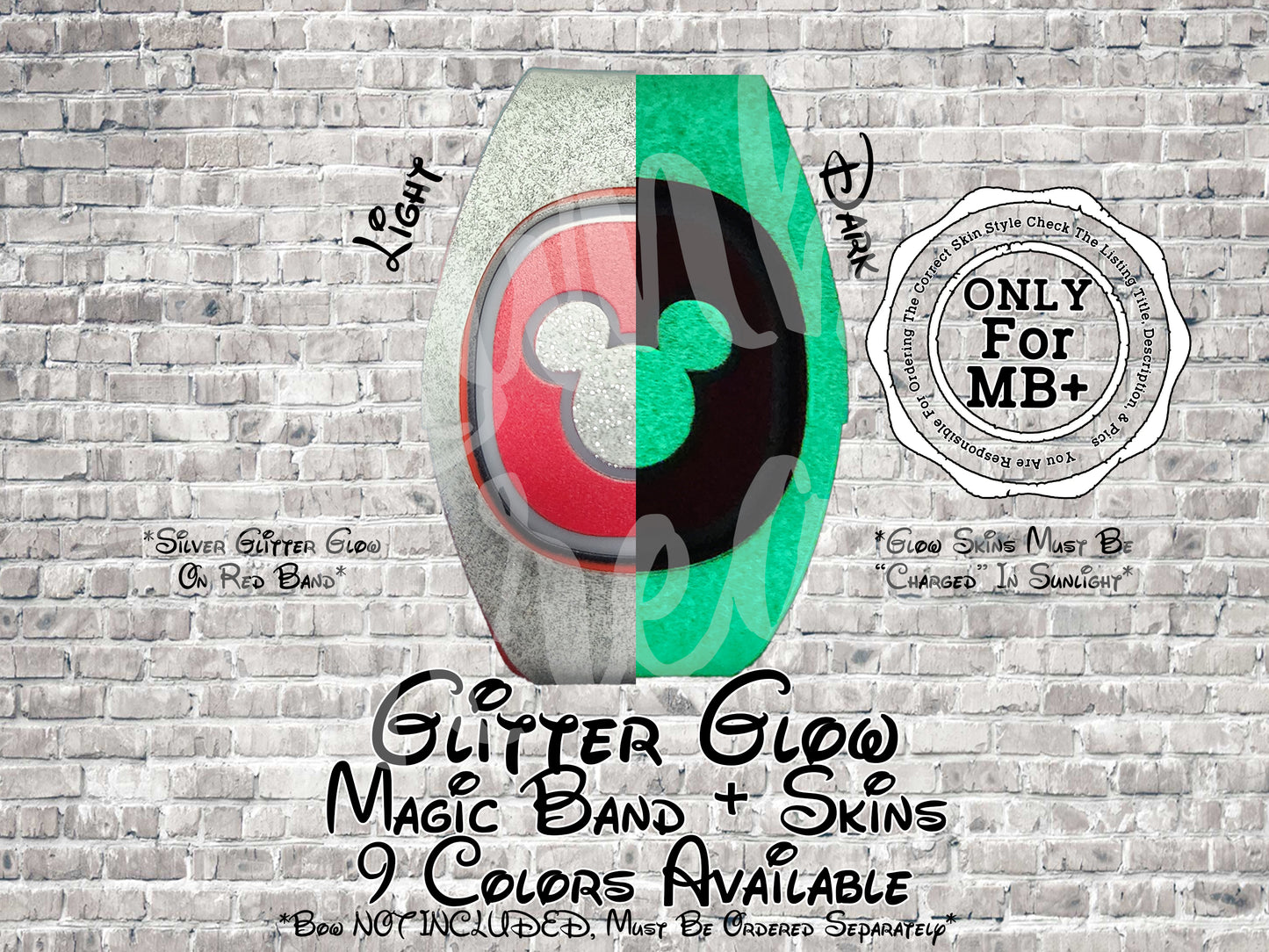 Glitter Glow In The Dark Magic Band + Decal Skin Bow ONLY