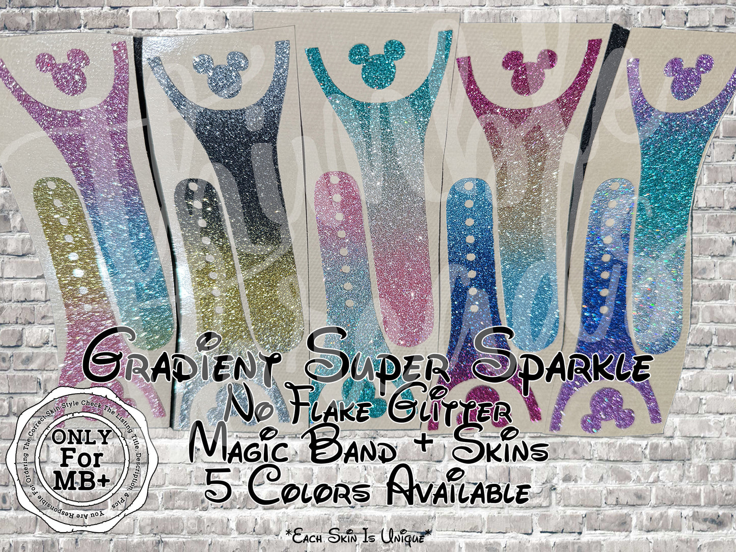 Gradient Glitter Super Sparkle No Flake Glitter Magic Band + Decal Skin Bow ONLY