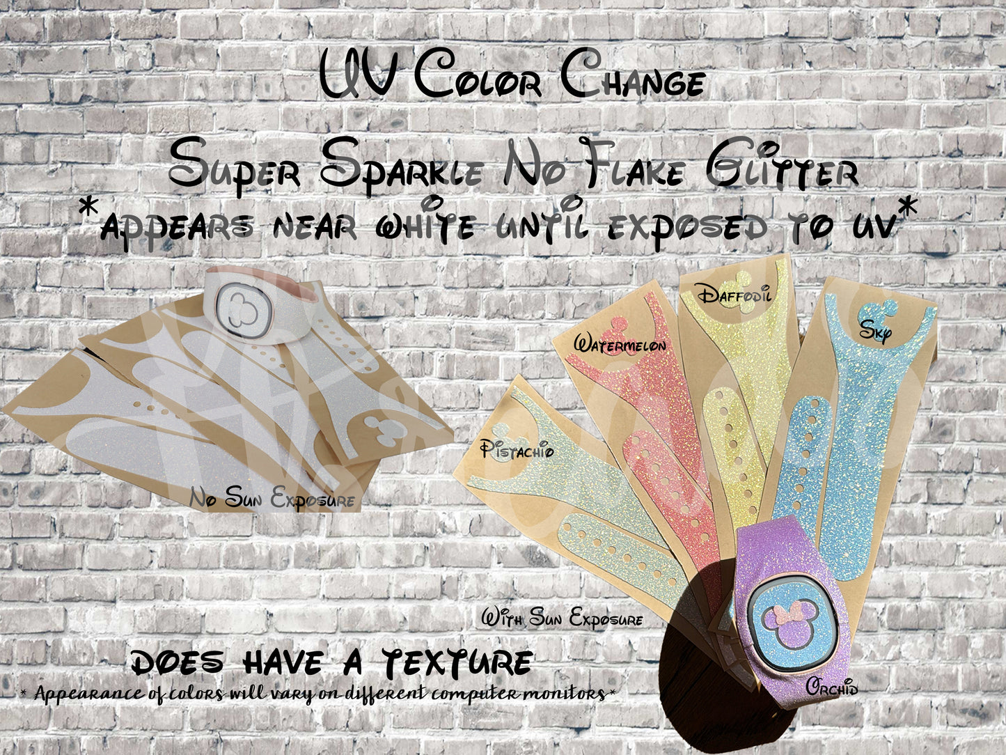 UV Activated Color-Changing Super Sparkle No Flake Glitter Magic Band + Decal Skin Bow ONLY