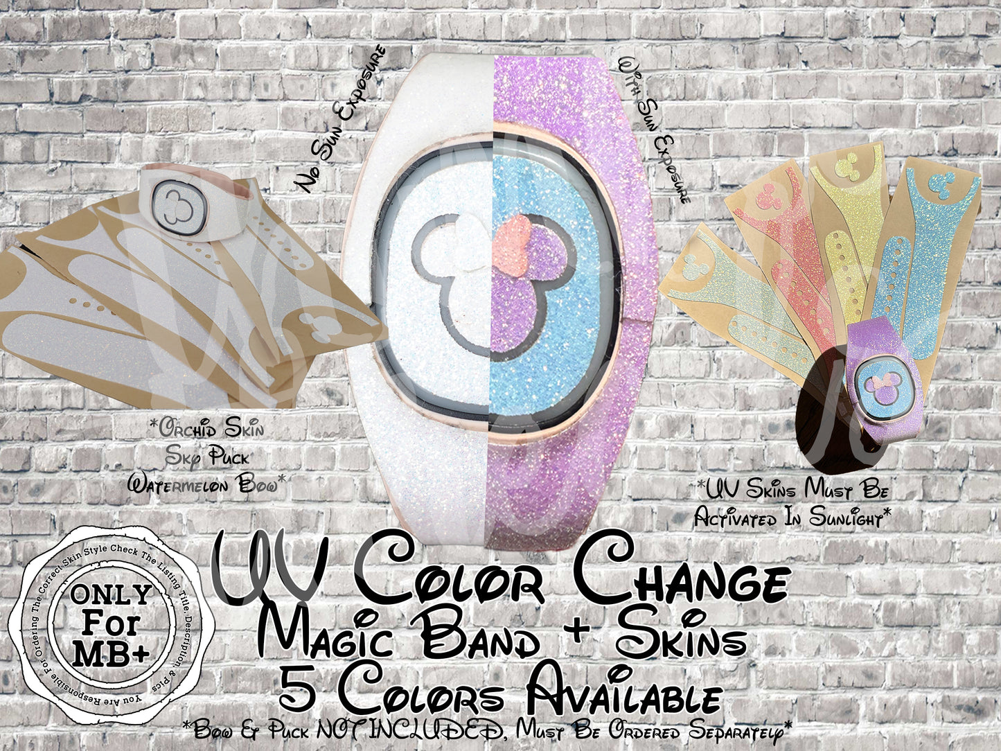 UV Activated Color-Changing Super Sparkle No Flake Glitter Magic Band + Decal Skin Bow ONLY